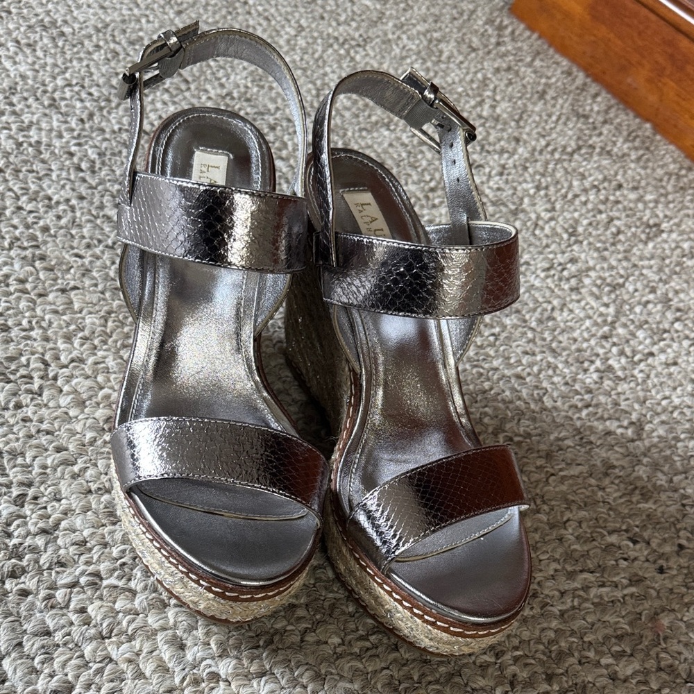 Ralph Lauren Silver Leather Wedge Sandals - Picture 2 of 3